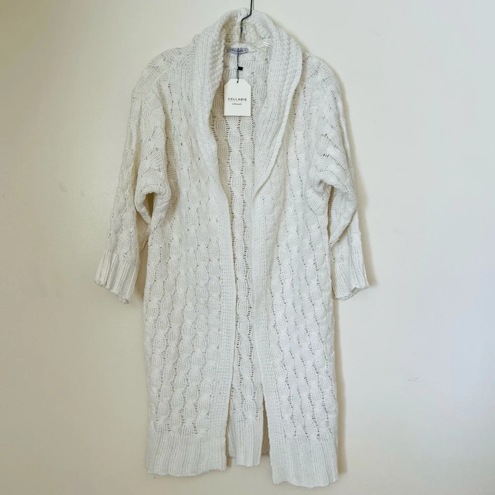 NWT Cellabie Vetements Chunky Knit Open Drape Hoodie Cardigan Sweater Ivory - Picture 12 of 12